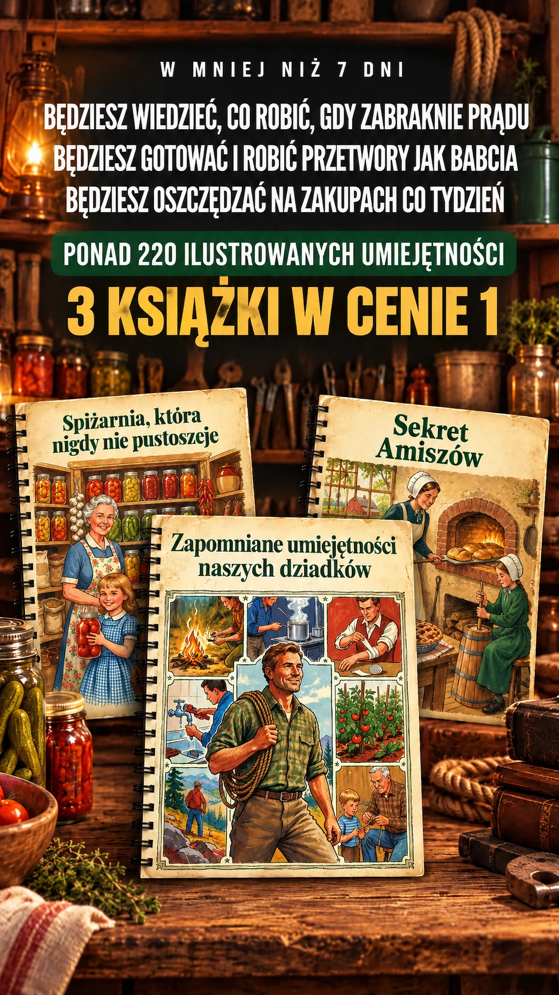 W mniej niż 7 dni będziesz wiedzieć, co robić, gdy zabraknie prądu, gotować jak babcia i oszczędzać na zakupach, dzięki ponad 220 ilustrowanym umiejętnościom